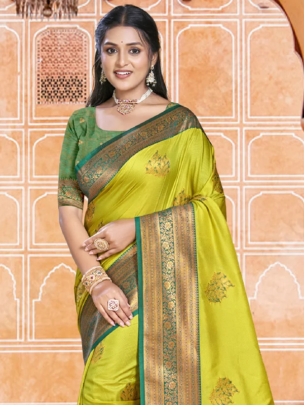 Women Parrot Green Silk Saree With Un Stitched Blouse Lightweight Floral Blouse