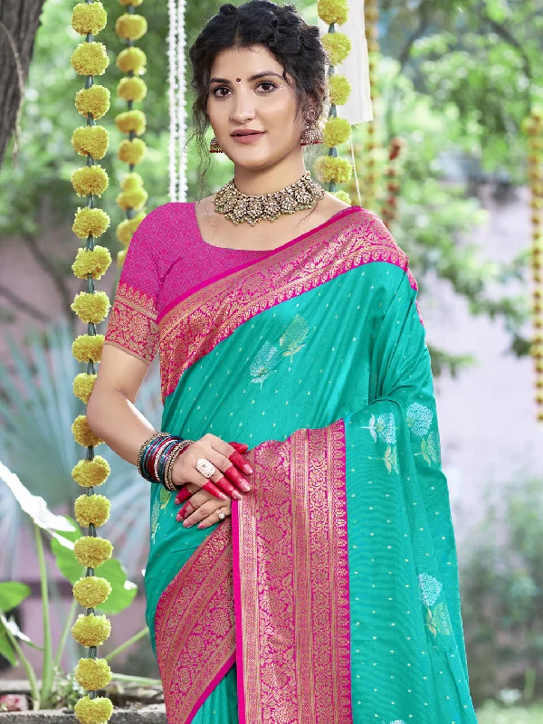 Women Teal Blue Silk Saree With Un Stitched Blouse Cotton Casual Blouse