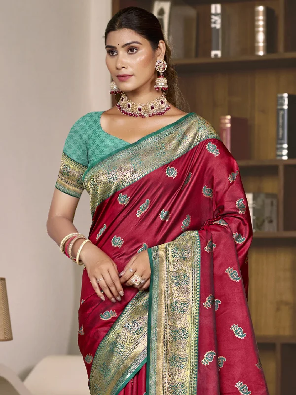 Women Magenta Silk Saree With Un Stitched Blouse Elegant Lace Blouse