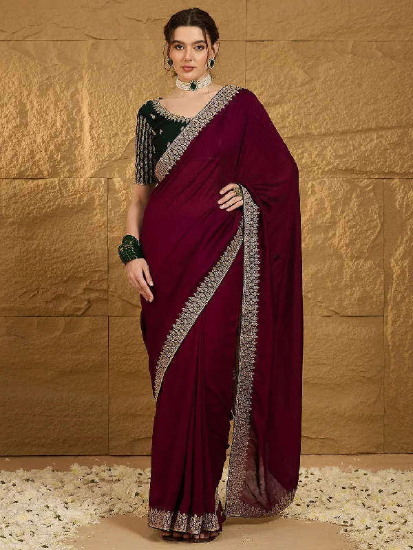 Women's Vichitra Silk Magenta Embroidered Designer Saree With Blouse Piece Elegant Embroidery Blouse Women's Vichitra Silk Magenta Embroidered Designer Saree With Blouse Piece Elegant Embroidery Blouse