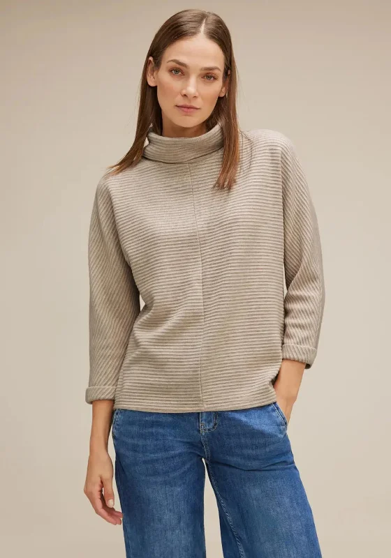 Street One Ribbed Structured Sweater, Spring Sand Melange Print Jacquard Patchwork