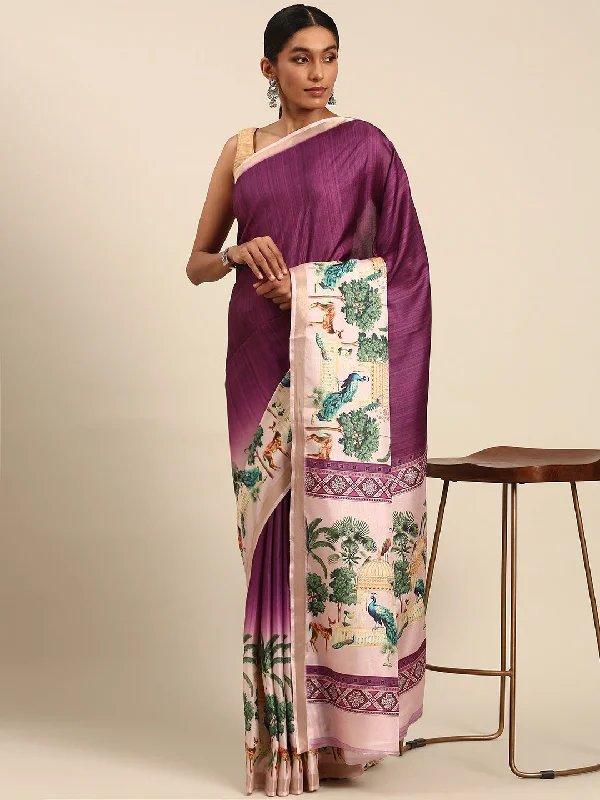 Women Purple Cotton Saree With Un Stitched Blouse Feminine Tie Blouse