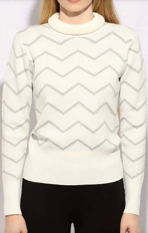 Metallic Zig Zag Turtleneck Sweater In Cream Hooded Caped Shawl Collar