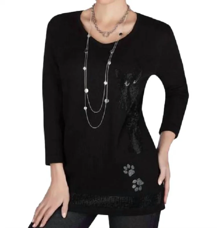 Rhinestone Cat Sweater In Black Spandex Blend Rayon Blend Denim Blend
