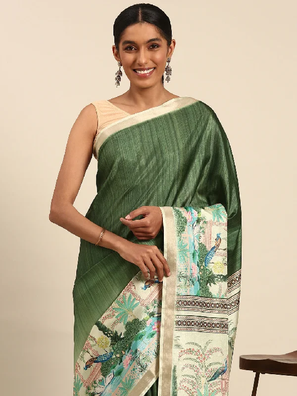Women Green Cotton Saree With Un Stitched Blouse Subtle Shimmer Blouse