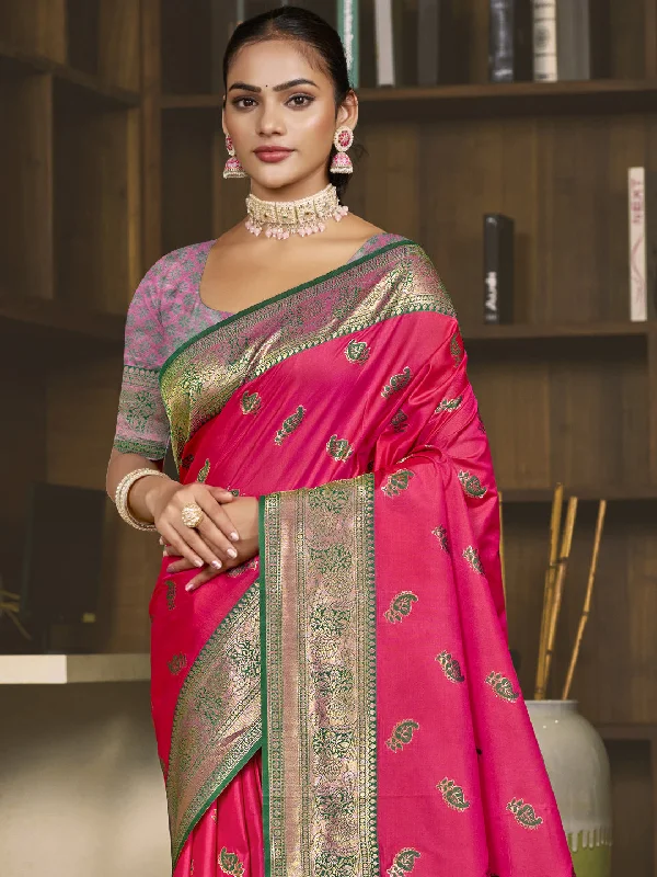 Women Rani Silk Saree With Un Stitched Blouse Feminine Puff Blouse