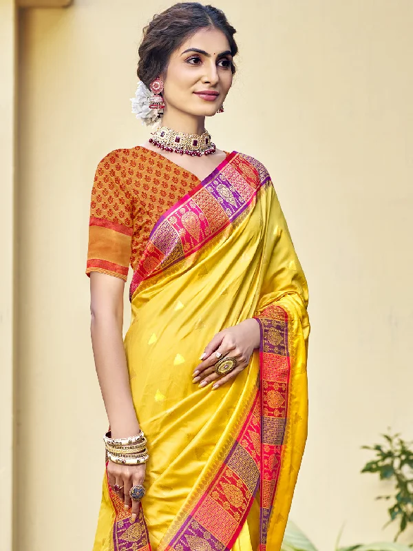 Women Yellow Silk Saree With Un Stitched Blouse Puff Sleeve Blouse