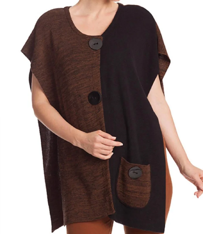 Large Button Poncho Sweater In Brown/black Oversized Loose Flowy