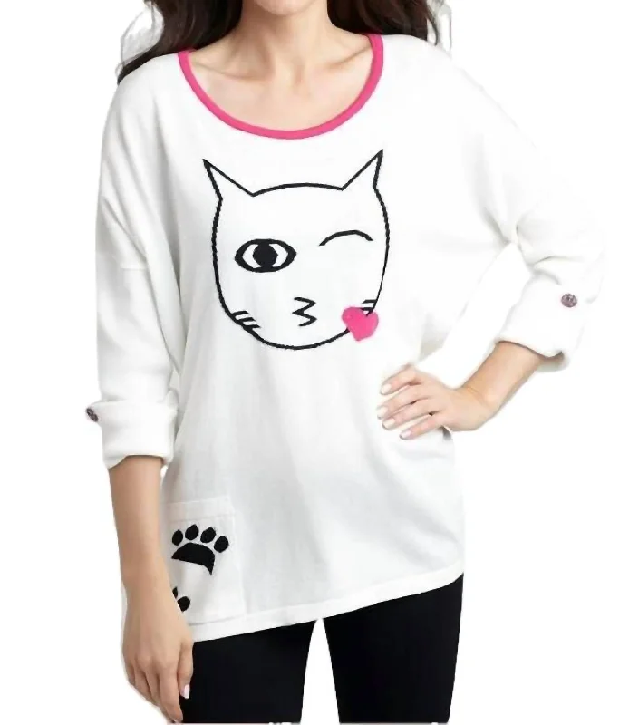Cat Kiss Graphic Sweater In White/black Striped Floral Plaid