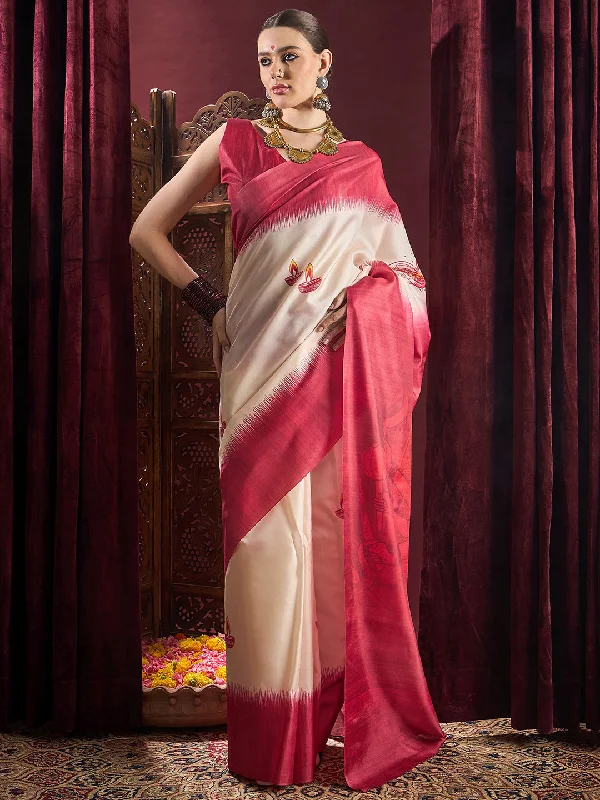 Women's Silk Blend Off White Printed Celebrity Saree With Blouse Piece Side Tie Blouse Women's Silk Blend Off White Printed Celebrity Saree With Blouse Piece Side Tie Blouse