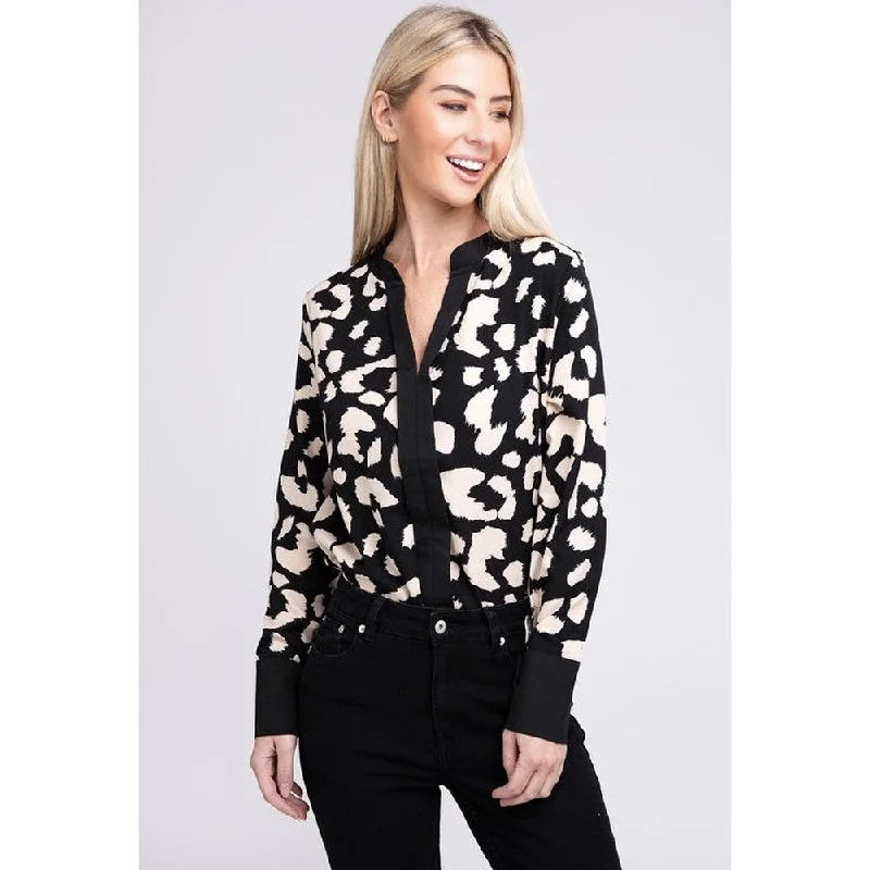 Leopard Notched Neck Blouse Vintage Polka Blouse
