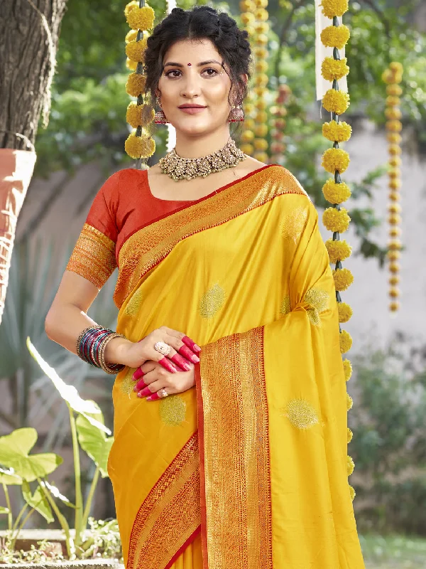 Women Yellow Silk Saree With Un Stitched Blouse Side Tie Blouse