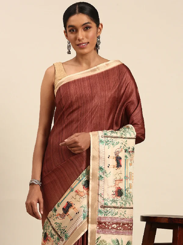 Women Brown Cotton Saree With Un Stitched Blouse Elegant Lace Blouse