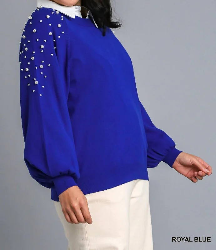 Round Neck Pullover Sweater With Long Sleeve Pearl Details In Blue Velvet Chenille Corduroy Round Neck Pullover Sweater With Long Sleeve Pearl Details In Blue Velvet Chenille Corduroy