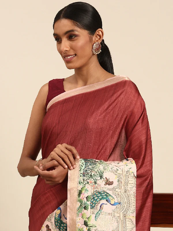 Women Maroon Cotton Saree With Un Stitched Blouse Sleeveless Chiffon Blouse