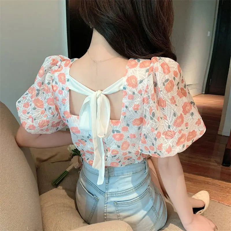 Wjczt French Square Collar Floral Chic Blouses Women 2021 Summer Korean Party Backless Design Puff Sleeve Tops Bandage Vintage Clothes Chic Square Blouse Wjczt French Square Collar Floral Chic Blouses Women 2021 Summer Korean Party Backless Design Puff Sleeve Tops Bandage Vintage Clothes Chic Square Blouse