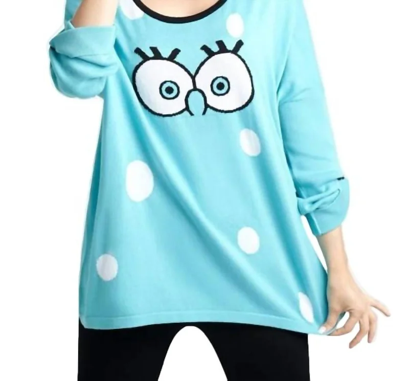 Cartoon Graphic Sweater In Turquoise/white Thin Thick Dense