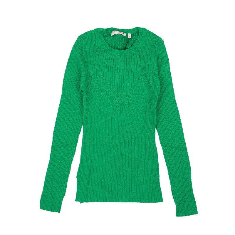 Green Cotton Rib Knit Long Sleeve Sweater Stretchy Elastic Breathable