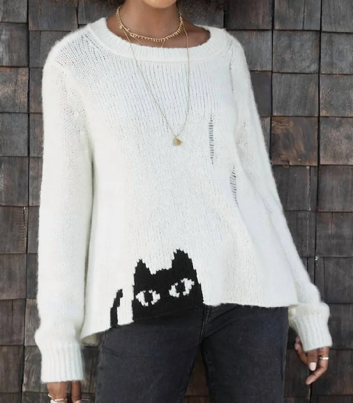 Black Cat Crew Sweater In Pure Snow/black Jersey Fabric Tulle Fabric Batik Fabric