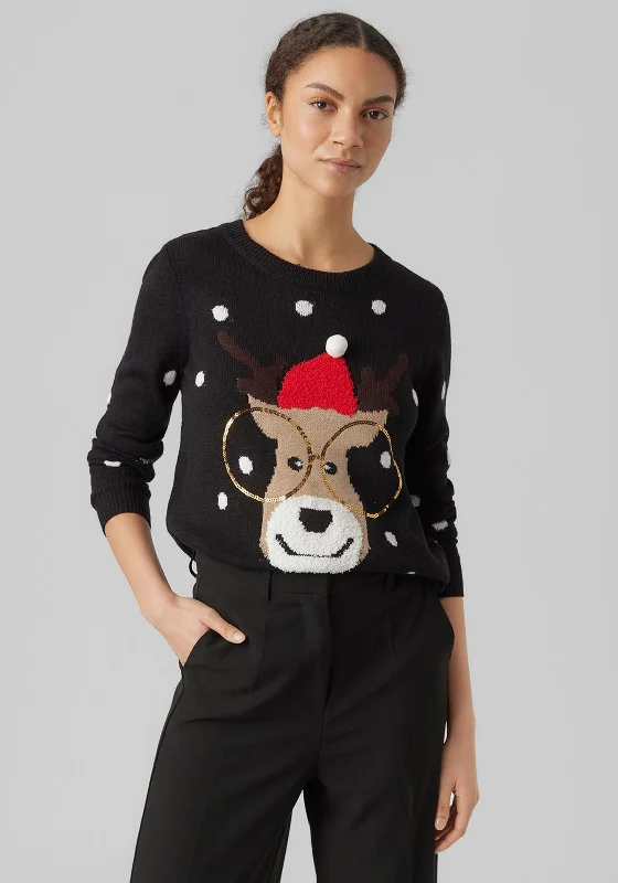 Vero Moda Deer with Sequin Spectacles Christmas Jumper, Black Graphic Sweater Embroidered Appliqued Vero Moda Deer with Sequin Spectacles Christmas Jumper, Black Graphic Sweater Embroidered Appliqued