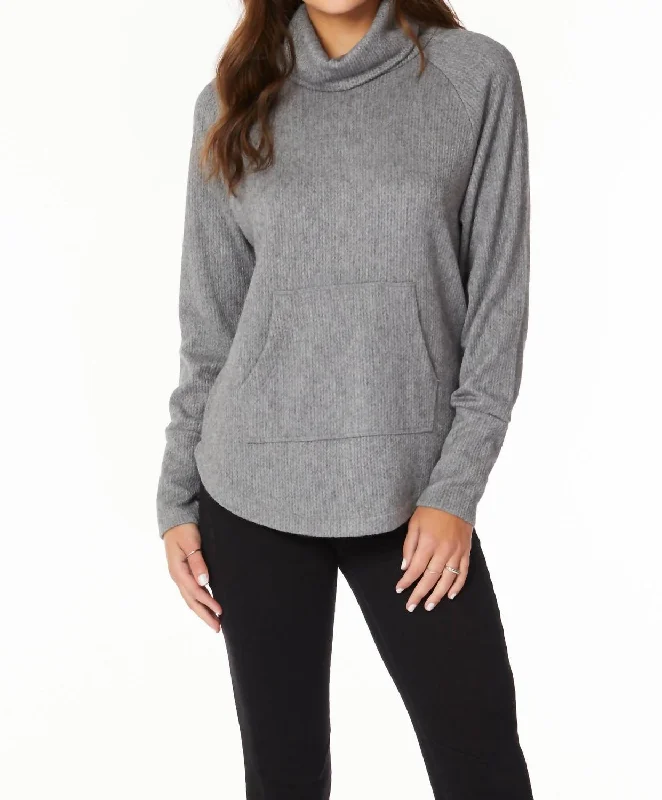Funnel Neck Raglan W/ Pocket Sweater In Grey Machine Wash Dry Clean Hand Wash