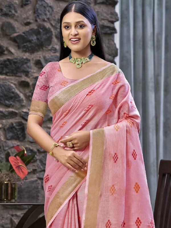 Women Pink Linen Saree With Un Stitched Blouse Casual Relaxed Fit Blouse
