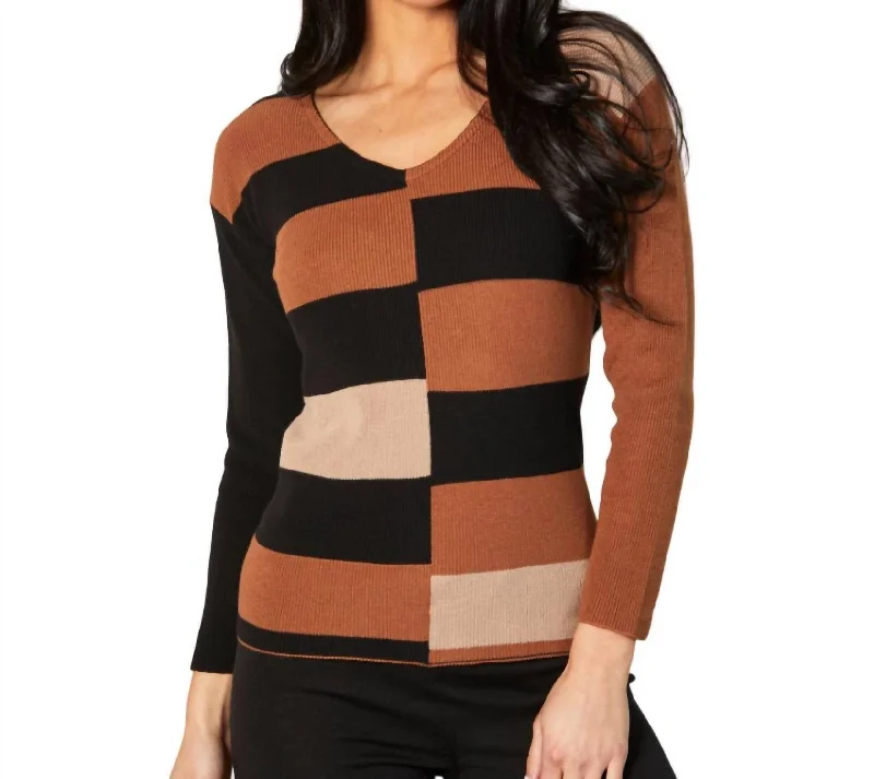 Ribbed V-Neck Sweater In Black/mocha Chenille Brocade Lace