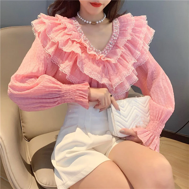 Wjczt Spring Fall Korean Style Blouse Fashion Sexy Beading Patchwork Lace Ruffles Women Tops Ropa Mujer Flare Sleeve Shirt New Vintage Polka Blouse