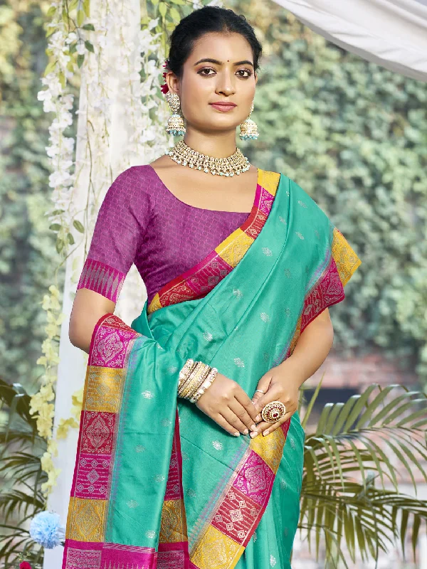 Women Teal Green Silk Saree With Un Stitched Blouse Satin Drape Blouse