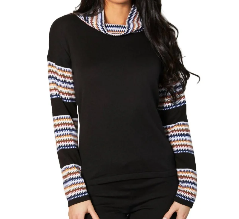 Long Sleeve Cowl Neck Sweater In Black/multi Front Pockets Side Pockets Patch Pockets