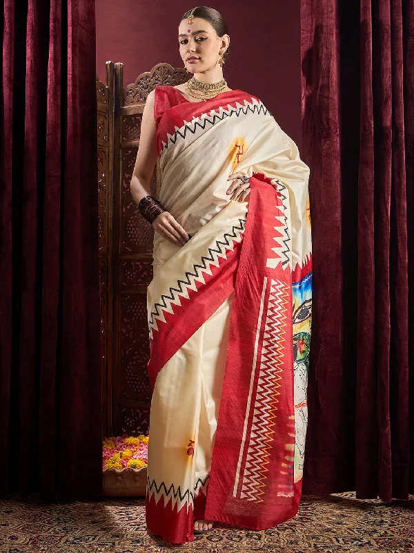 Women's Silk Blend Off White Printed Celebrity Saree With Blouse Piece Collared Satin Blouse Women's Silk Blend Off White Printed Celebrity Saree With Blouse Piece Collared Satin Blouse