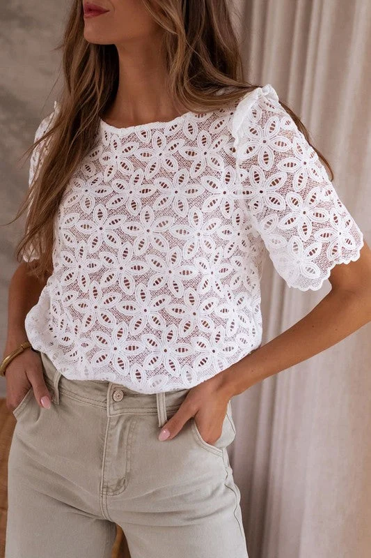 Crochet lace flower embroidered Hallowed Blouse Ruffled Neck Blouse