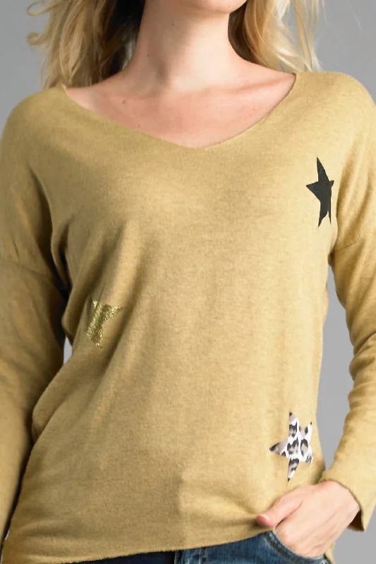 Lightweight V Neckline Sweater With Stars In Mustard Stylish Fashionable Trendy