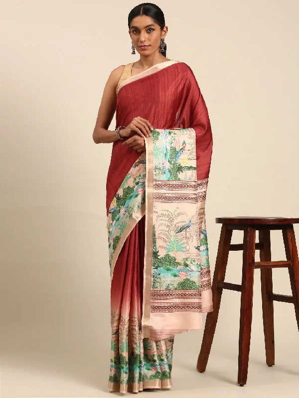Women Maroon Cotton Saree With Un Stitched Blouse Chic Sleeveless Blouse