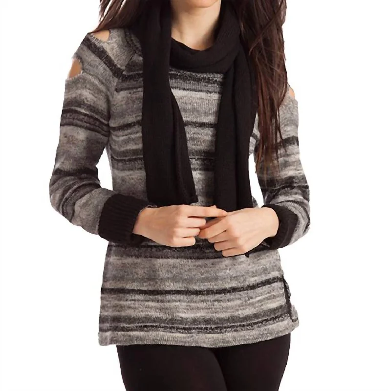 Bethany Striped Sweater W/ Scarf In Black Multi Casual Formal Business