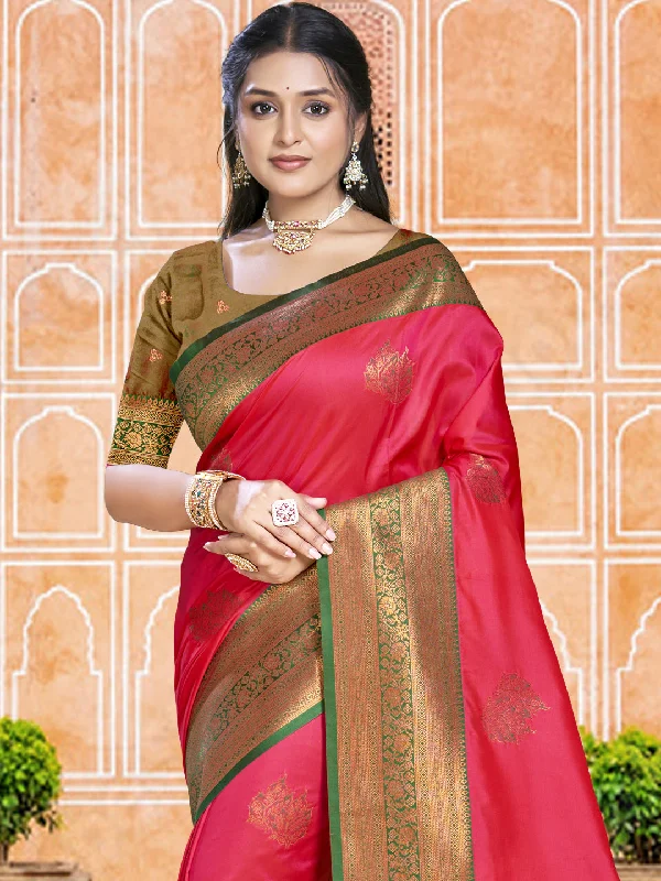 Women Dark Pink Silk Saree With Un Stitched Blouse Feminine Pastel Blouse