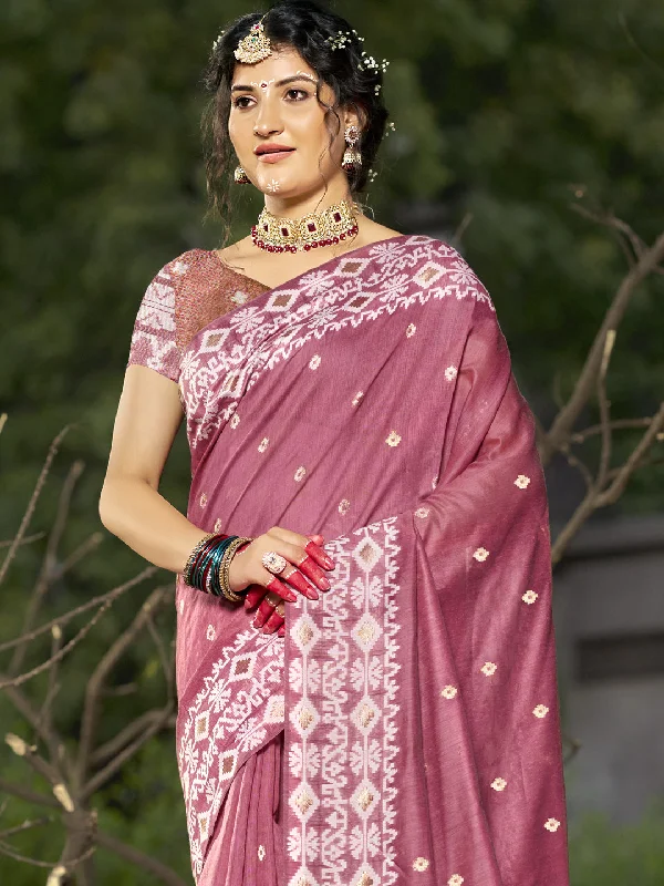 Women Pink Linen Saree With Un Stitched Blouse Elegant Silk Blouse