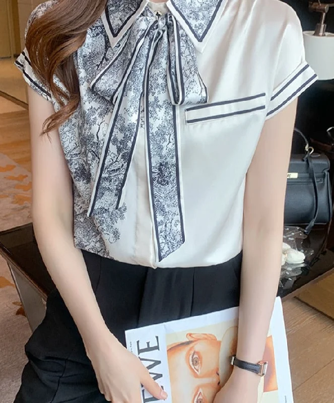 Wjczt Elegant Satin Luxury Women's Blouses Summer Casual Fashion Short Sleeve Print Stitching Bow Collar Shirt Loose Tops Chic Tunics Playful Puff Blouse Wjczt Elegant Satin Luxury Women's Blouses Summer Casual Fashion Short Sleeve Print Stitching Bow Collar Shirt Loose Tops Chic Tunics Playful Puff Blouse