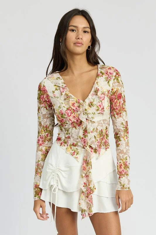 FLORAL PRINT BLOUSE WITH RUFFLE DETAIL Embroidered Cotton Blouse