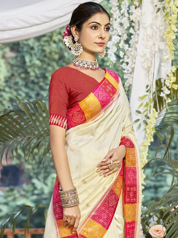 Women Cream Silk Saree With Un Stitched Blouse Feminine Puff Blouse