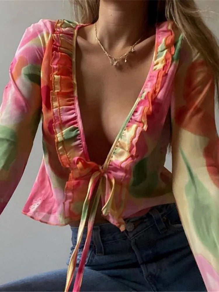 Wjczt Fashion Boho Ruffle Blouse See-Through Lace V-Neck Tops For Women Long Sleeve Summer Shirt Party Beach Cropped Top 2024 Silky Tunic Blouse Wjczt Fashion Boho Ruffle Blouse See-Through Lace V-Neck Tops For Women Long Sleeve Summer Shirt Party Beach Cropped Top 2024 Silky Tunic Blouse