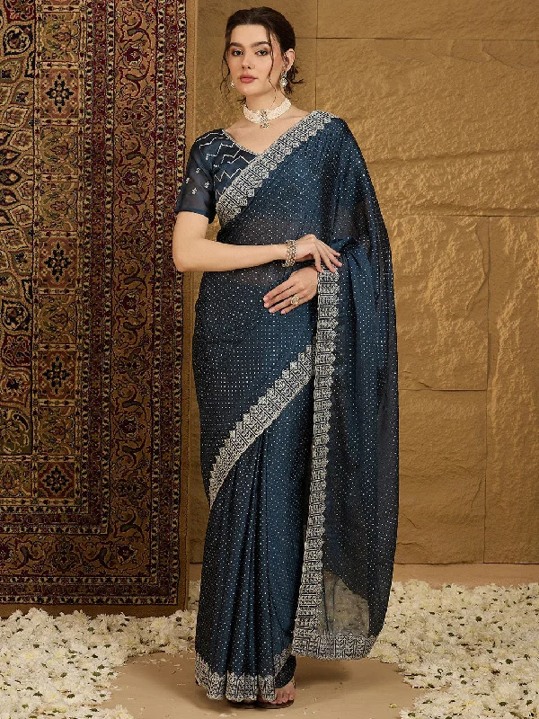 Women's Chiffon Navy Blue Embroidered Designer Saree With Blouse Piece Vintage Lace Blouse Women's Chiffon Navy Blue Embroidered Designer Saree With Blouse Piece Vintage Lace Blouse