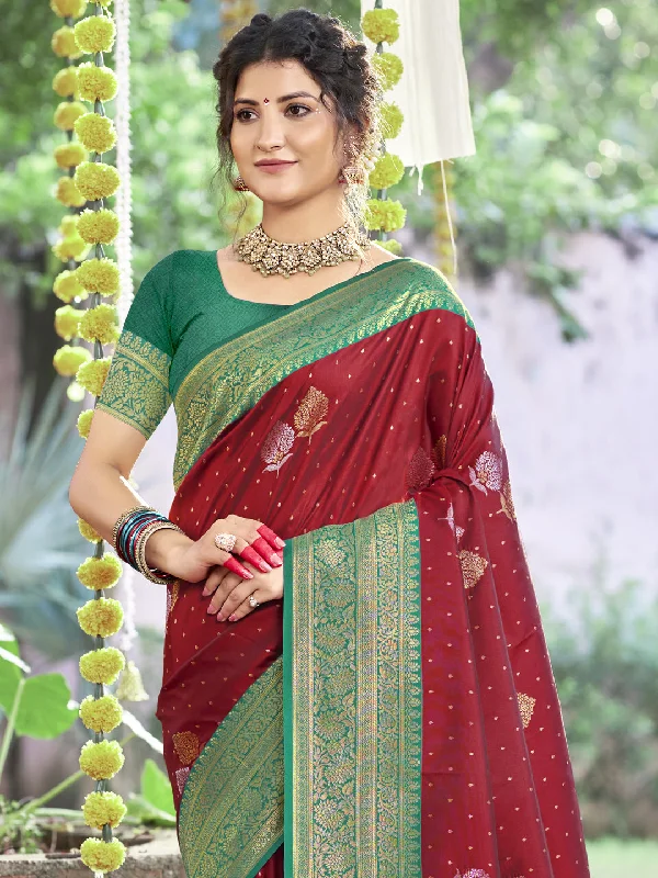 Women Maroon Silk Saree With Un Stitched Blouse Satin Long Blouse