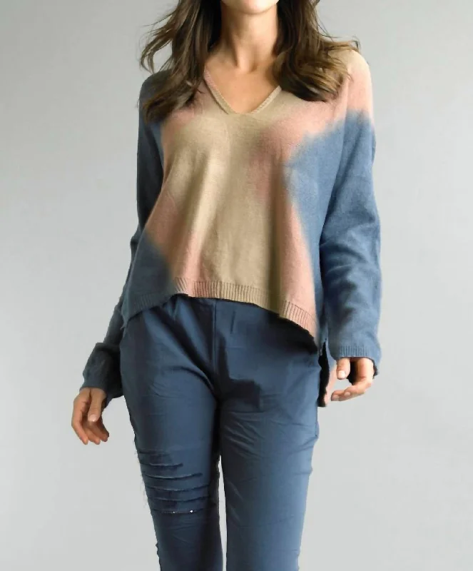 Tie Dye High Low Sweater In Denim/khaki Cable Knit Ribbed Knit Lace Knit