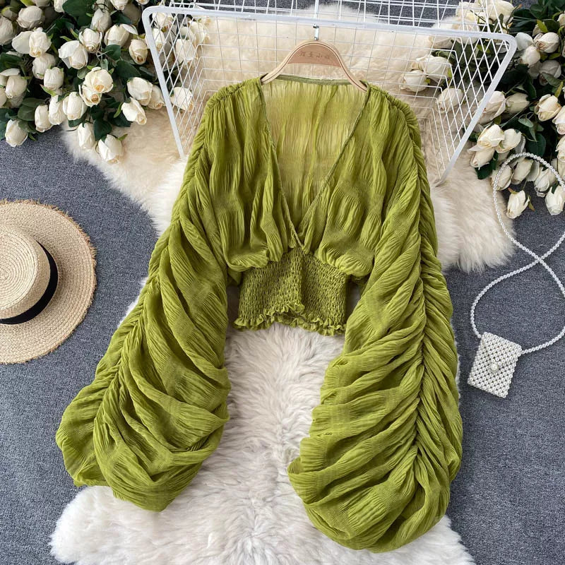 Wjczt Women Sexy Chiffon Short Blouse Female See Through Super Long Sleeve Blusas Purple/Green/Black/White Folds Party Tops 2024 New Playful Puff Blouse Wjczt Women Sexy Chiffon Short Blouse Female See Through Super Long Sleeve Blusas Purple/Green/Black/White Folds Party Tops 2024 New Playful Puff Blouse