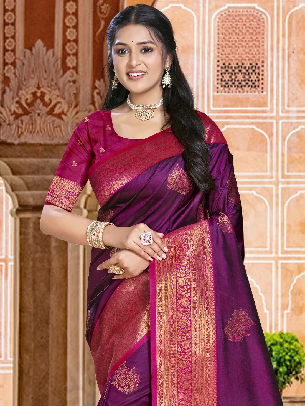 Women Wine Silk Saree With Un Stitched Blouse Elegant Peplum Blouse