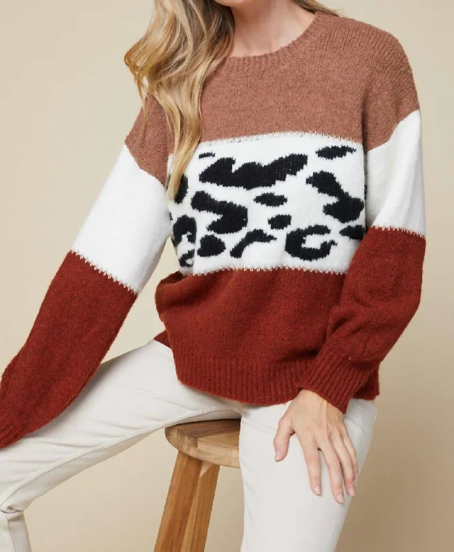 Color Block Sweater In Leopard Print Real Fur Shearling Chenille