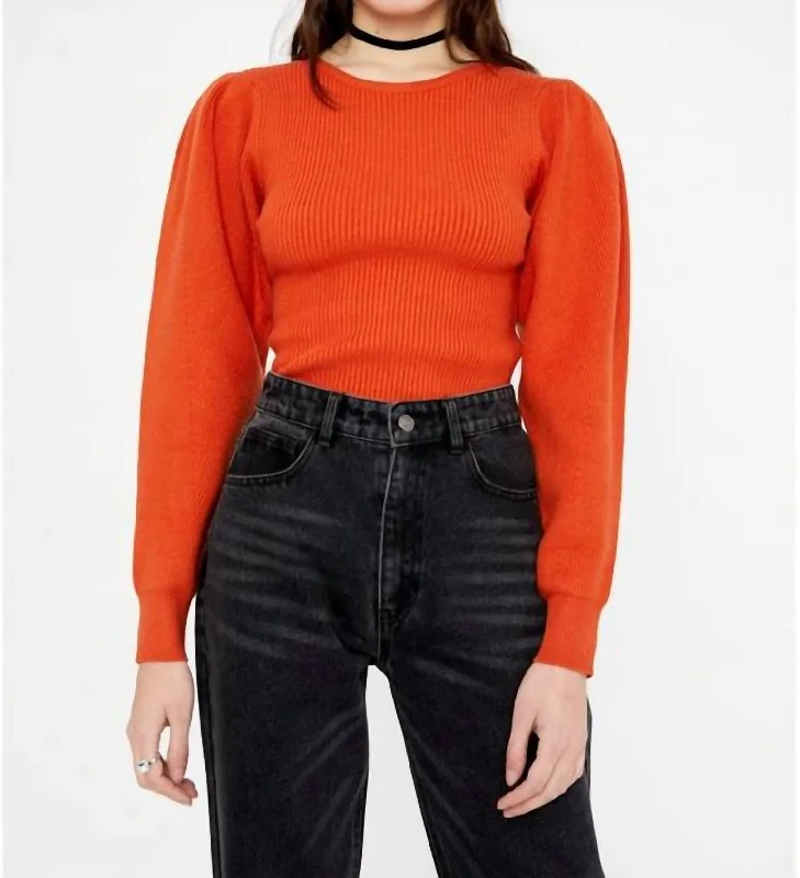 Round Neck Ribbed Sweater In Orange Rayon Fabric Velvet Fabric Corduroy Fabric
