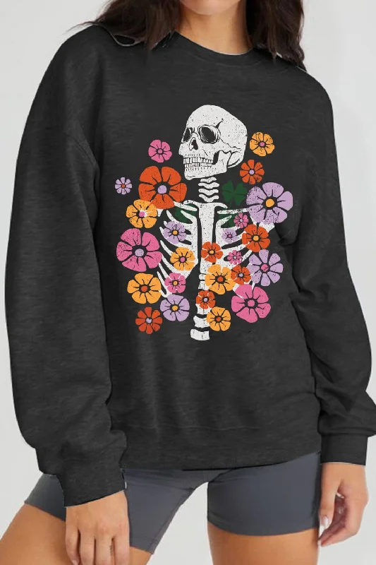 Flower Skeleton Graphic Sweatshirt Hoodie with Strings Custom Fit Adjustable