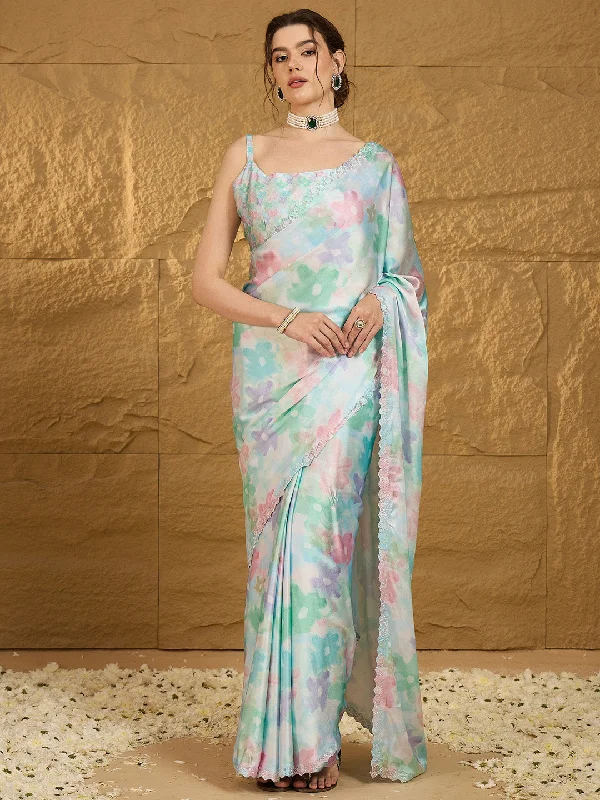 Women's Satin Silk Light Blue Embellished Designer Saree With Blouse Piece Loose Oversized Blouse Women's Satin Silk Light Blue Embellished Designer Saree With Blouse Piece Loose Oversized Blouse